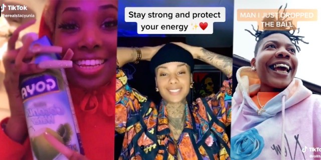 In a collage split three ways, a gay femme poses with coconut water for the camera, a masc person with tattoos poses with their hands behind their head in a colorful button down shirt beneath the message "stay strong and protect your energy," and a stud laughs into the wind underneath a sign that reads "I dropped the ball"