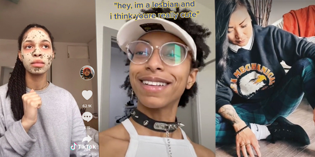 A three way collage of three different queer humans on TikTok, L to R: a person with long dreadlocks and a facemark stares off quizzically to the side, then a lesbian in a visor smiles and makes a joke, last a person with arm tattoos and long black hair strikes a pose on the floor with their sleeves rolled up, so that you can see the tattoos.