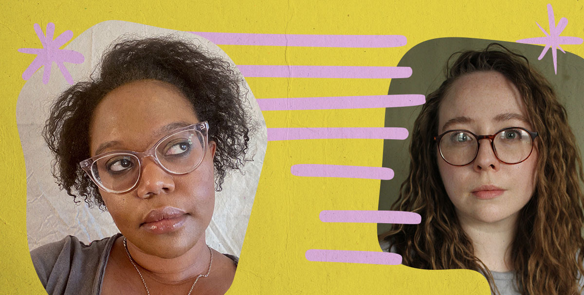 A graphic of Carmen and Rachel's faces cut out against a mustard yellow background with pink horizontal lines floating in the center.