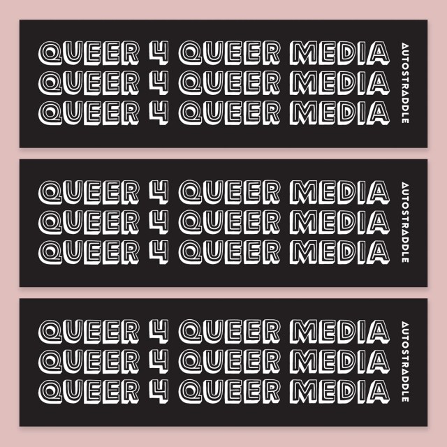 A bumper sticker with Queer 4 Queer Media printed across it three times