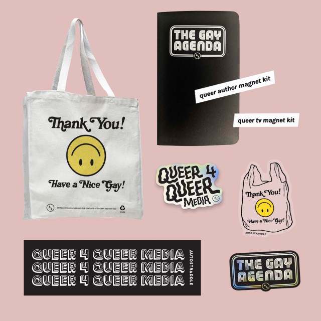 Collage of every item mentioned, including a tote bag, a journal, two word magnet kits, three die-cut stickers and one bumper sticker