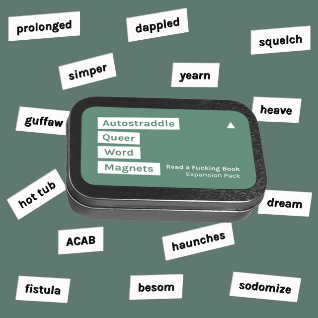 A tin of word magnets showing literary-themed words