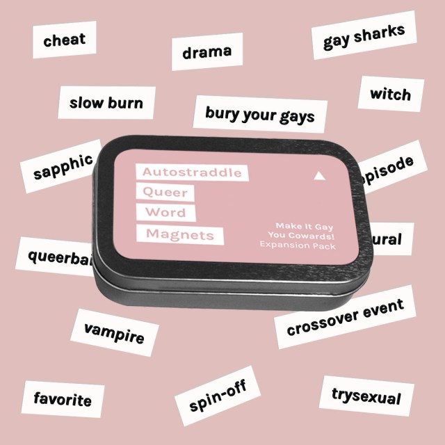 A tin of magnetic word strips showing television-themed words.