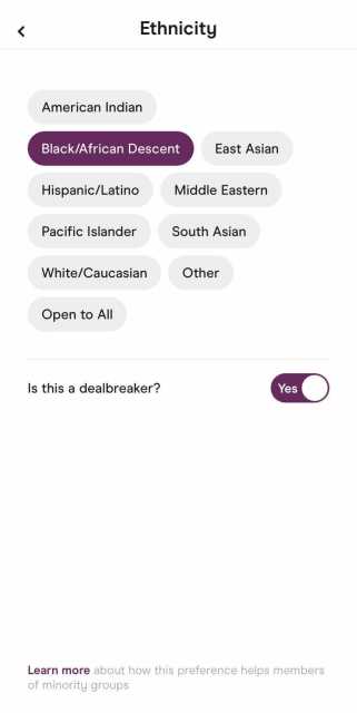 A button menu of ethnicity options in which only the choice marked "Black/African-American" has been selected, and the ticker asking "Is this a dealbreaker?" has been marked yes