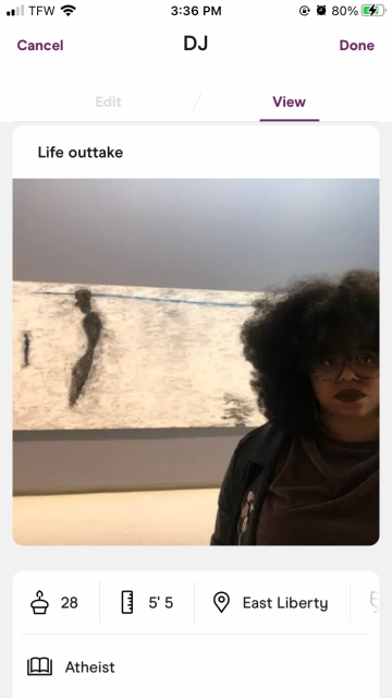 A photo of Dani in front of an art canvas in a museum in her Hinge profile