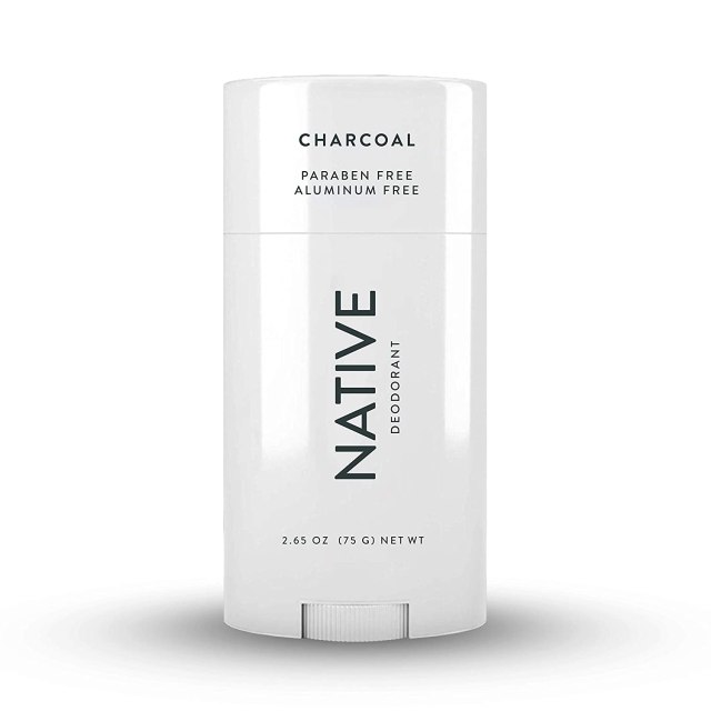 A white deodorant stick reads, "Native: Charcoal"