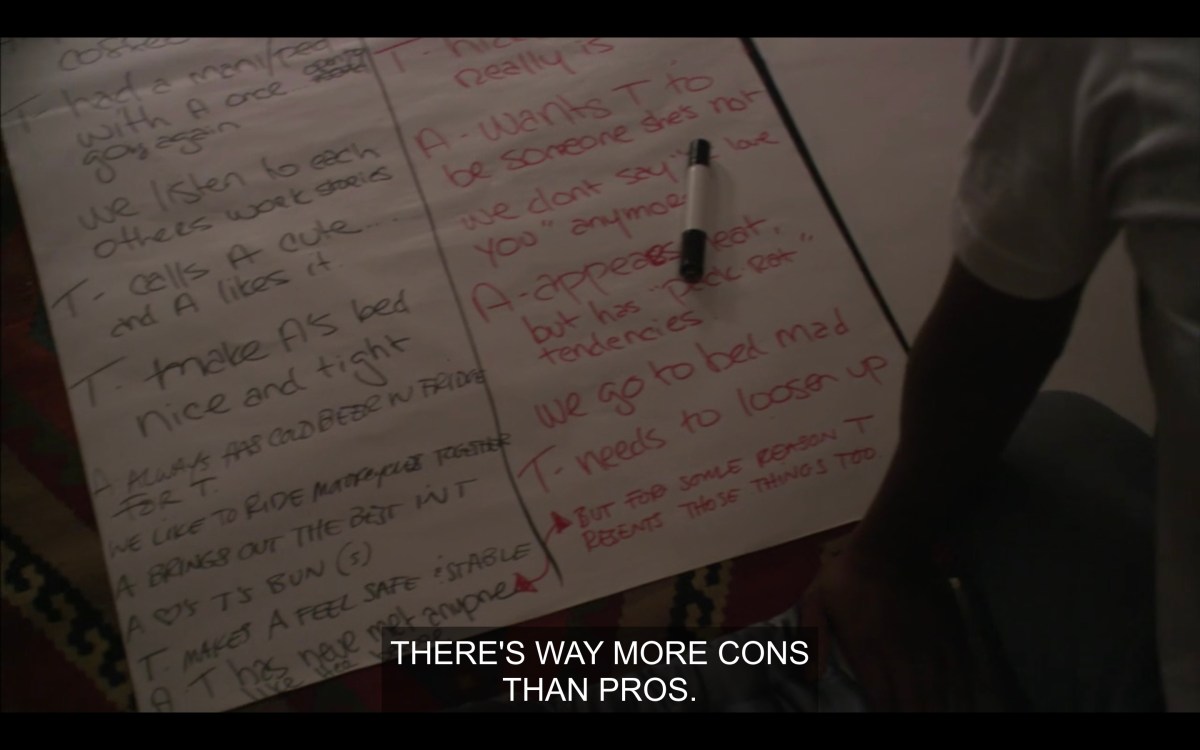 Alice and Tasha's "Pros and Cons" list