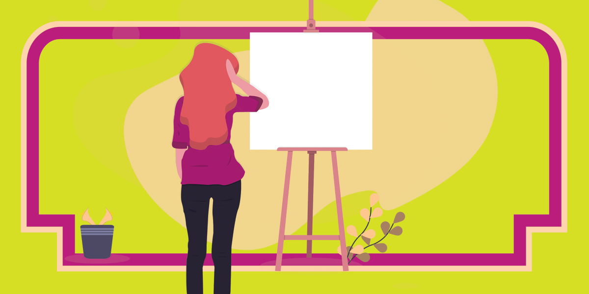 An illustration of a person with long hair standing in front of an empty canvas, hand raised to their head as if confused or overwhelmed.