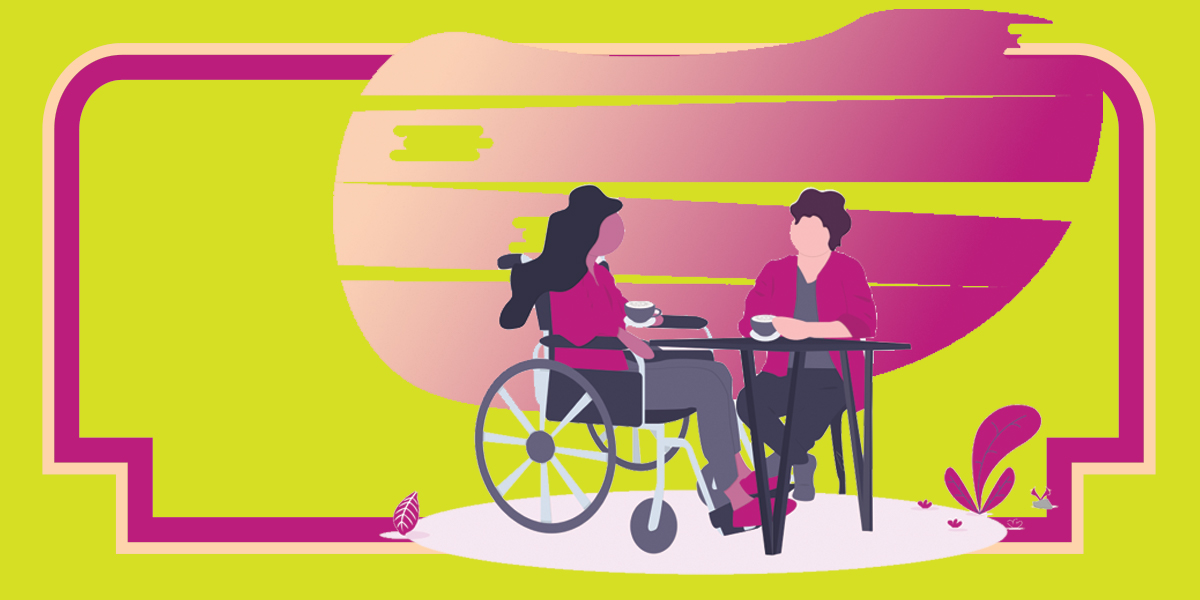 A stylized illustration of two people sitting across from each other at a small outdoor table in discussion; one person has long hair and is using a wheelchair, one person has short hair and is seated in a chair