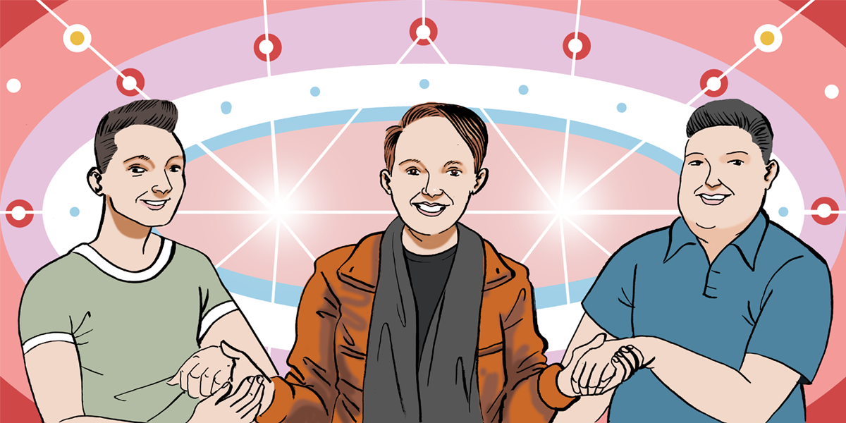 Three people hold hands against a shining, sparkly background.