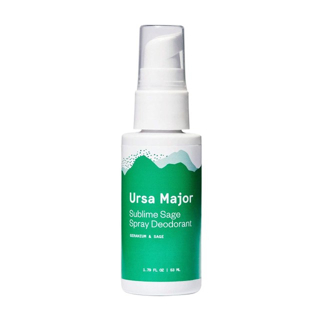 A white and green spray bottle reads, "Ursa Major: Sublime Sage"