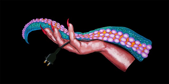 a hand with long, pointy red fingernails cups a long, colorful disembodied tentacle, the hint of a cord dangling between the fingers of the hand