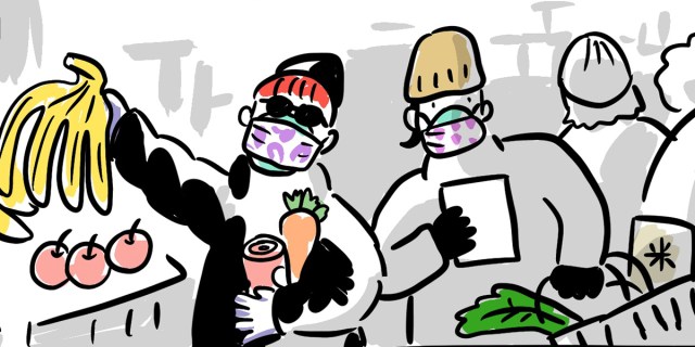 In a drawing that's in greyscale, costumers shop in a grocery store. Bao (who has red hair that stands out against the grey background) buys bananas (in yellow) and carrots (in orange). Everyone is bundled up for the winter and wearing masks.