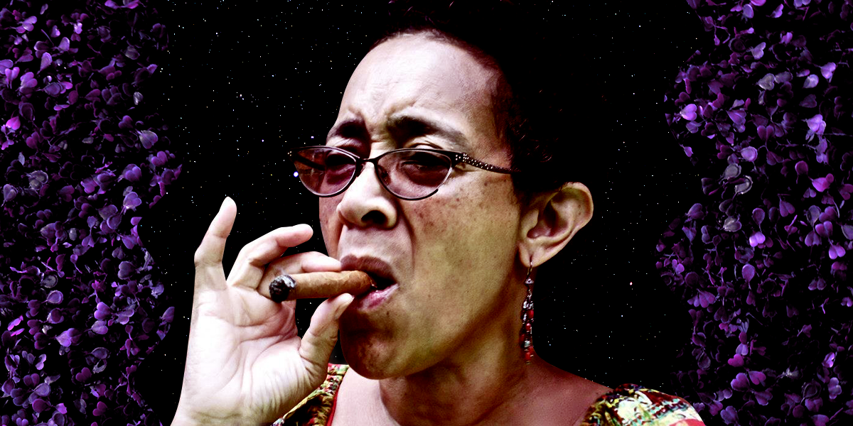 Carmen's Aunt Lorna smokes a cigar. She's a light skin Black woman in her late 60s. She is cut out against a black starry sky and there are purple rose petals growing out of the side of the image like a vine.