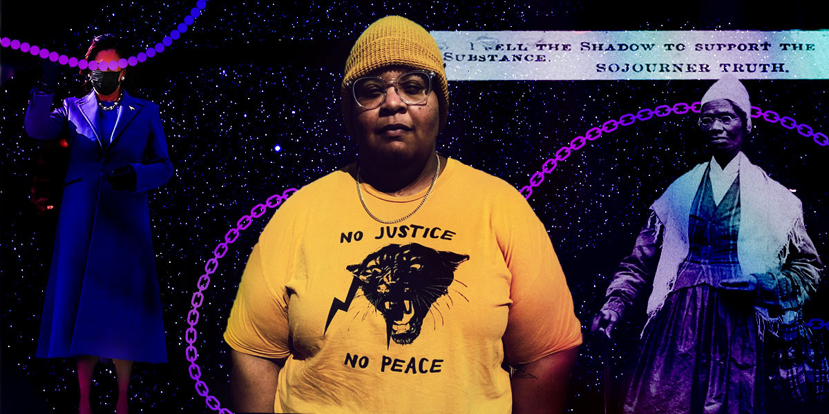 A portrait of the author in the middle, in a yellow shirt that reads "No Justice No Peace" with the Black Panthers logo and a yellow beanie cap. To their left side is a cut out of Kamala Harris from Inauguration Day 2021 and to their right side is a cut out of the slavery abolitionist Sojourner Truth. All three images are connected by pearl necklaces and chain link necklaces, both colored in purple. They are against a purple starry night sky.