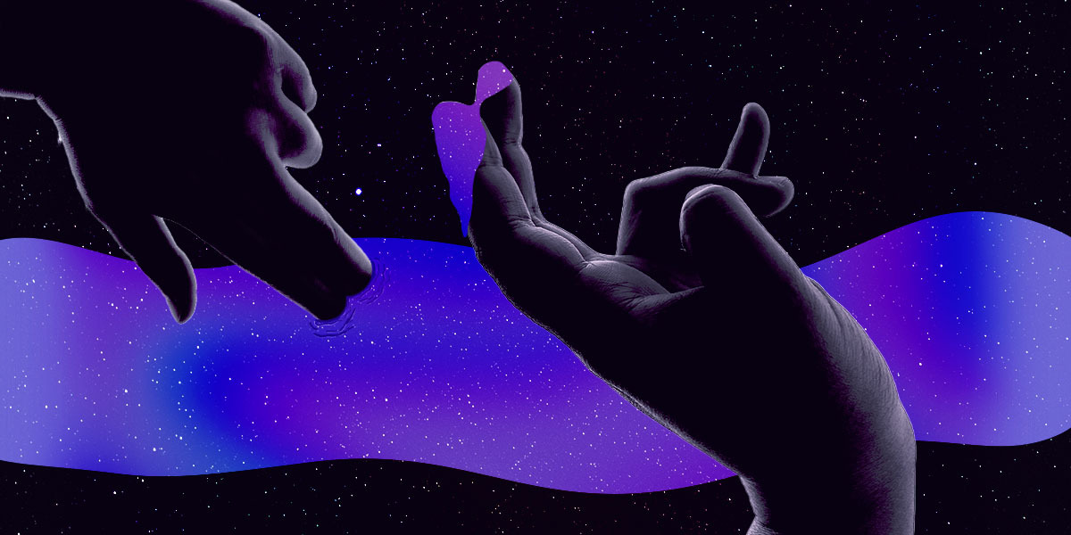 Two hands are covered in darkness as they finger deep space, the space is in purple starry skies and it drips over the index and pointer finger of one hand facing upwards.