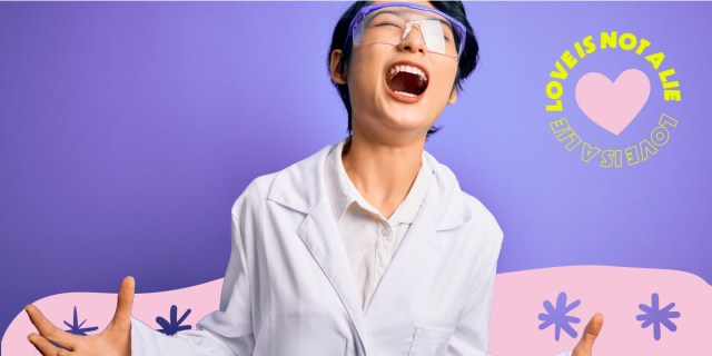 A person wearing a lab coat and goggles is screaming