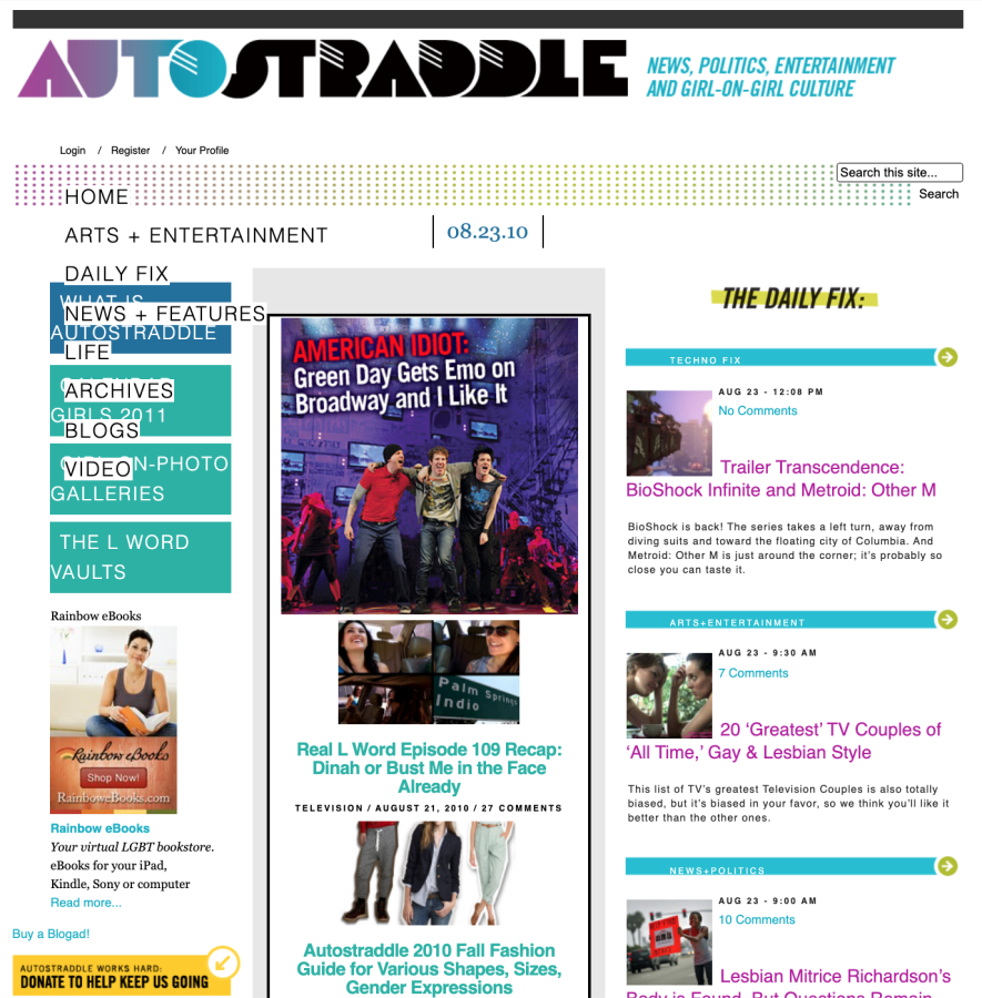 an old school screenshot of autostraddle.com...with a feature of Green Day on broadway of all things!