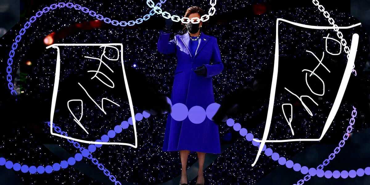 A portrait of a cut out of Kamala Harris from Inauguration Day 2021 against a purple starry night sky. There are hand written notes in white that sloppily say "Photo" inserted on either of her side. This is Carmen telling Sarah where photos can go.