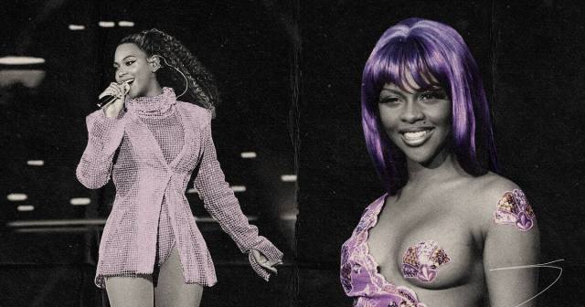Beyonce is in a sparkly body suit with a matching sparkly tuxedo jacket and Lil Kim is in a dress with her left breast cut out and covered with a pasty. The images are in black-and-white with purple accents.