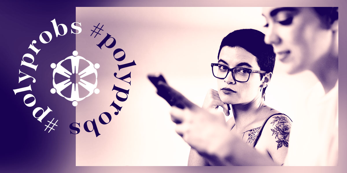 A queer person with short hair and thick rimmed glasses looks jealously at their partner, who is texting and oblivious. The logo Poly Probs is stamped on top of the image.