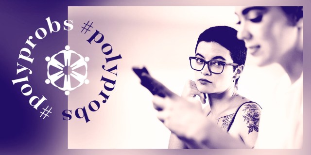 A queer person with short hair and thick rimmed glasses looks jealously at their partner, who is texting and oblivious. The logo Poly Probs is stamped on top of the image.