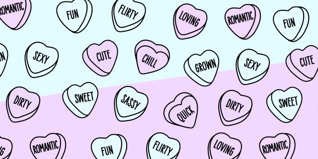 a pattern of illustrated candy hearts with words like cute, dirty, sweet, and sexy.