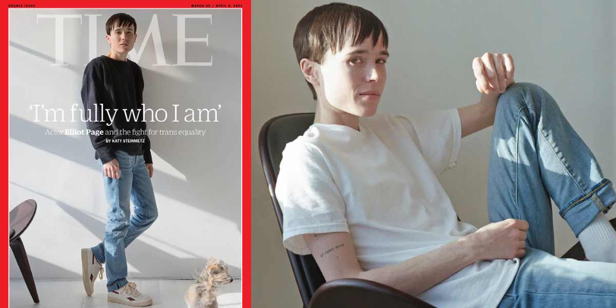 Elliot Page is on the cover of Time magazine. He is in a black sweater and blue jeans, leaning against a white wall. In the accompanying photo, Elliot is a white tee and blue jeans, leaning back in a chair.