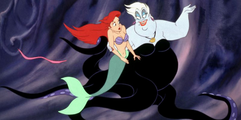 From "The Little Mermaid," Ariel is being held in Ursula's arms as Ursusla explains the mysteries of the sea to her.