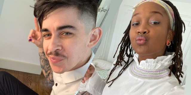 A side-by-side collage of Chase Strangio serving face at the camera with a finger pointed upwards, and Kimberly Drew making a kissy face in a white Batsheva dress
