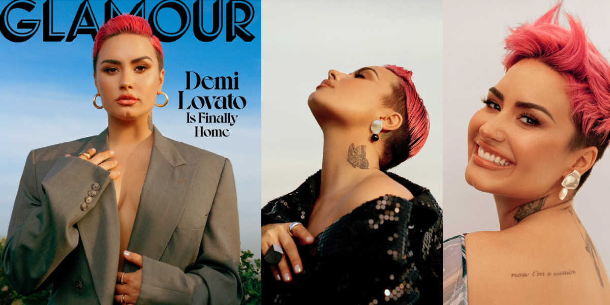 In a three-way collage, Demi Lovato, a bisexual pop star, is on the cover of Glamour magazine in a grey suit coat and nothing underneath, then she's staring off to the side of the camera, and finally she's looking directly into the camera in a smiling close up. In all three images, she has short pink hair in a pixie haircut.