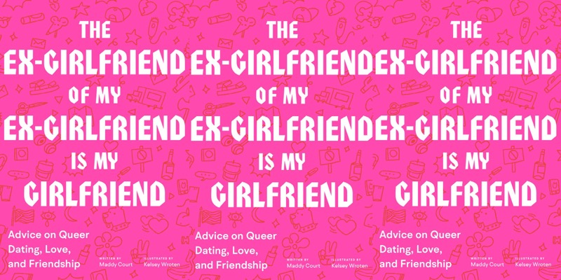 The book "The Ex-Girlfriend of my Ex-Girlfriend is my Girlfriend" is repeated three times in a row. The cover is hot pink and the font of the title is done like old English characters.