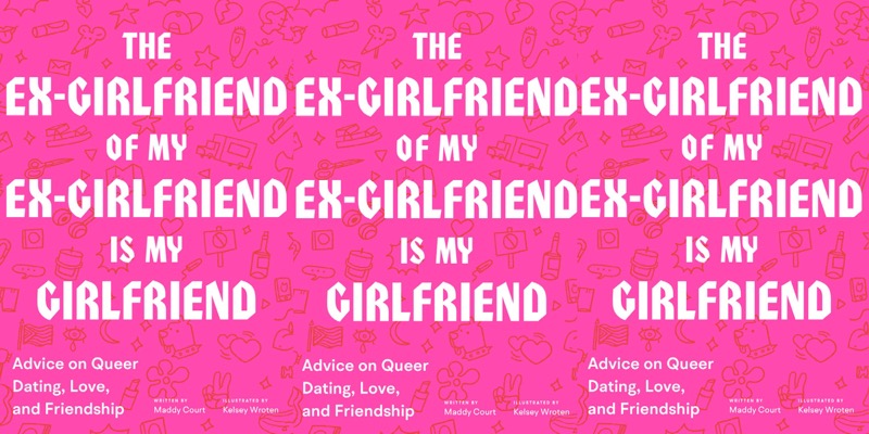 The book "The Ex-Girlfriend of my Ex-Girlfriend is my Girlfriend" is repeated three times in a row. The cover is hot pink and the font of the title is done like old English characters.