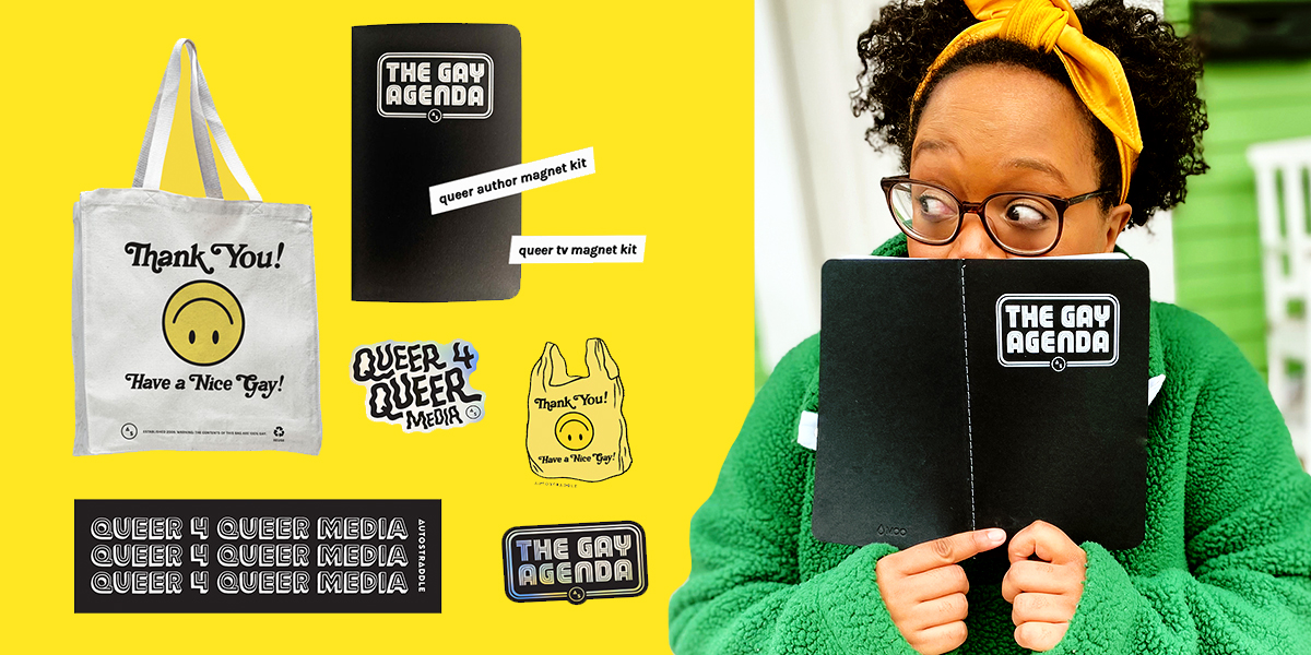 fundraising perks collage - totes, stickers, magnetic poetry and journal — carmen is peering over the black "gay agenda" softcover journal.