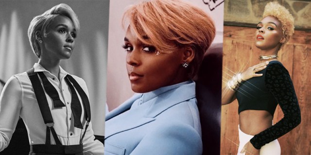 A three-split collage of Janelle Monáe: In the first, she is in black and white in a tuxedo, in the second she is in a blue suit with a close up of her face, in the third she is in a black and white gown with red lipstick