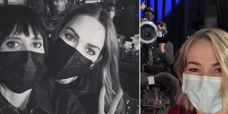In a two fold collage, left to right: Jamie Clayton peaks behind Kate Moening's shoulder, both are wearing masks, in a black and white photo. Then Leisha Hailey is in a color photo in a blue mask, she's in front of a film camera.