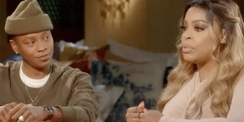 Niecy Nash on the Red Table Talk with her wife Jessica Betts. They are both dressed in earth tones.