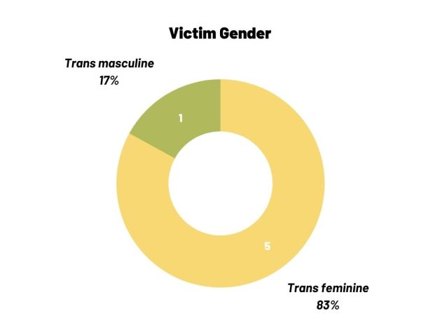 Circle chart showing the gender of anti-trans homicides in Puerto Rico in 2020: 5 were transfeminine and 1 was transmasculine.