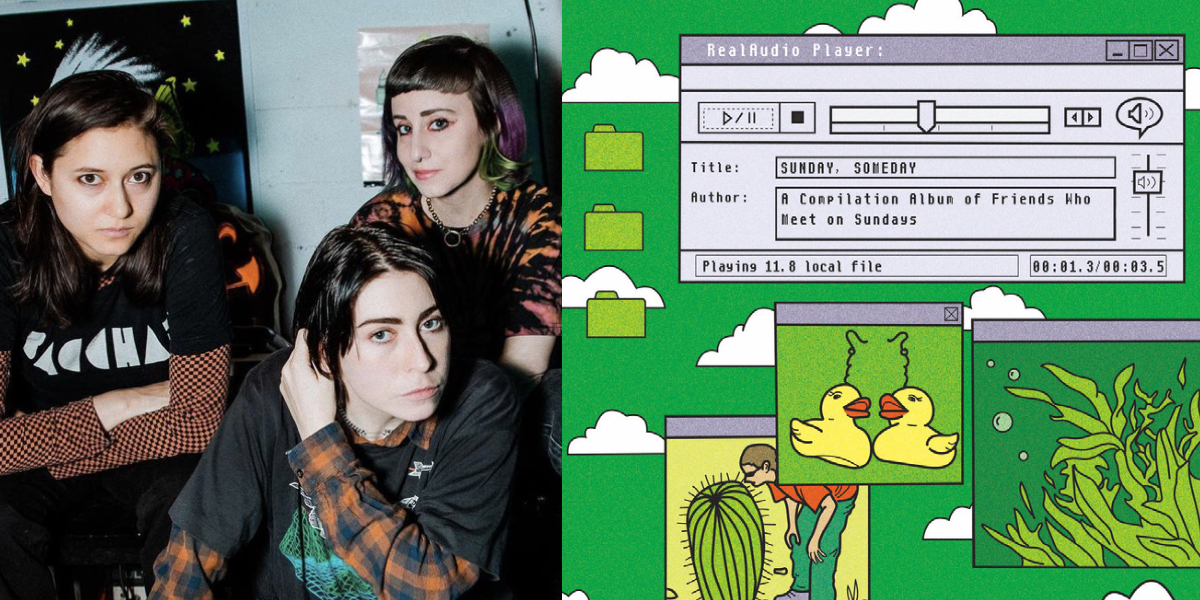 A collage of the band Potty Mouth (three people in dark shirts layered over long sleeve tops), it's next to the covert of "Sunday Someday," which is styled like a 1990s Windows computer desktop