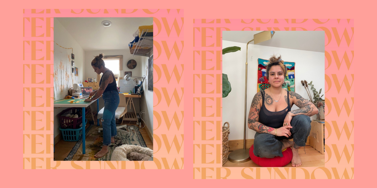 Camila, creator of The Pause Project, poses in two different photos: one she is standing and sewing, the other she is kneeling and facing the camera. Both images are on a peach background.