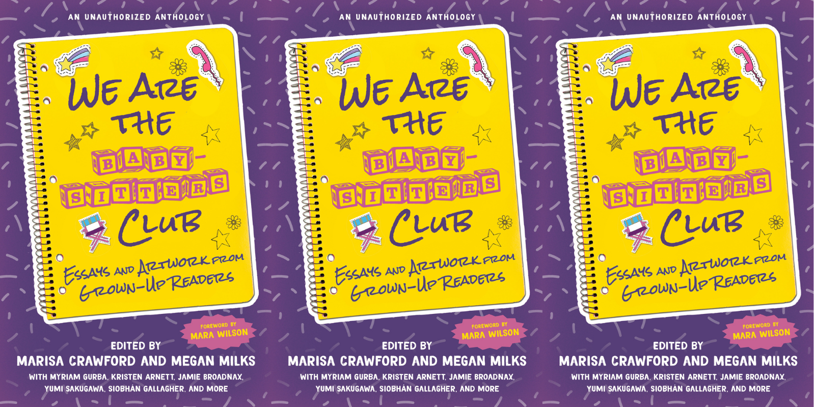 the cover of the new babysitter's club anthology repeated three times, a yellow book on a purple background