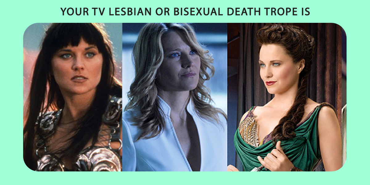 A graphic including 3 images of Lucy Lawless in the role of a lesbian or bisexual, just before dying, presumably.