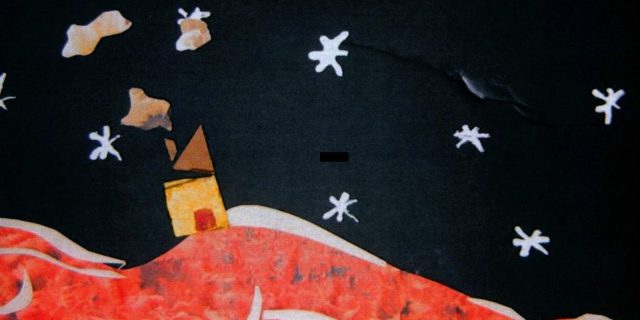 A collage-style visual of a small, simplistic yellow house on a hilly foreground of textured red; behind it is a background of a dark sky with hand-drawn stars