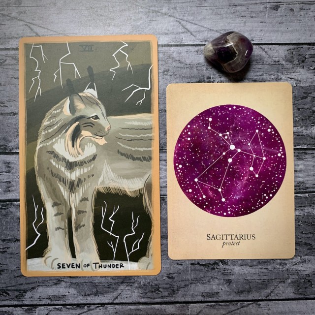 A photo of the tarot card for Seven of Thunder and the astrological card representing Sagittarius, along with a small crystal