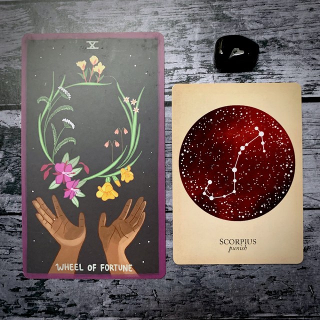 A photo of the tarot card for Wheel of Fortune and the astrological card representing Scorpio, along with a small crystal