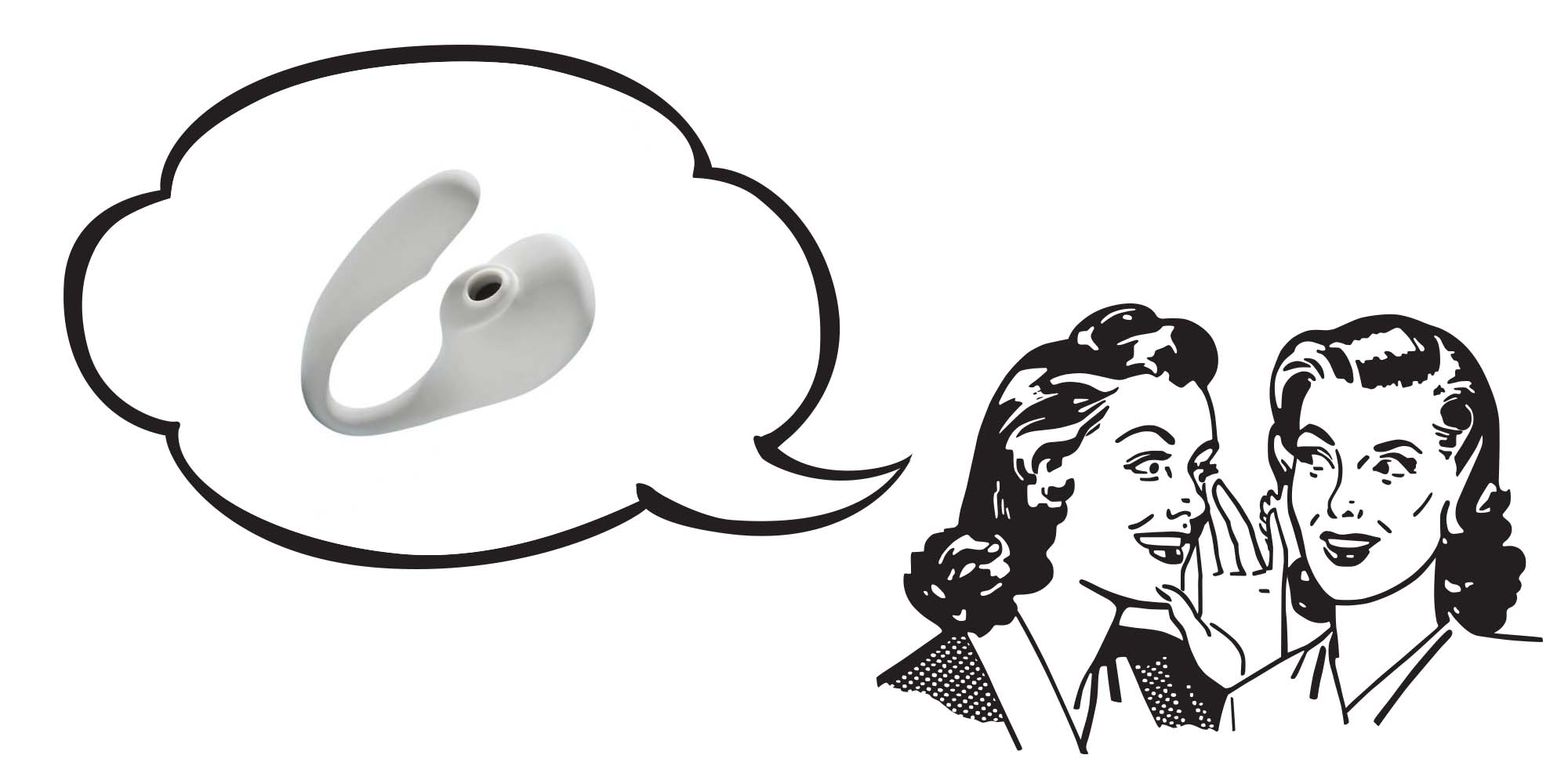 Two illustrated people whispering to one another; above their heads a speech bubble shows A photo of the Osé 2, a light gray toy with a large, bulbous round end that includes a suction area for air pressure and a curved arm looping back around and above it for internal stimulation.