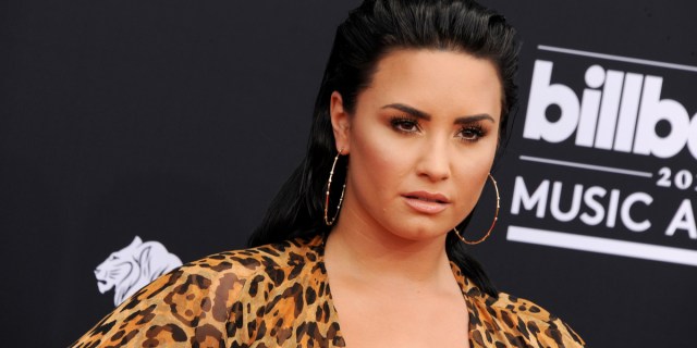 Demi Lovato is pansexual on the red carpet in a leopard print dress and large hoop earrings.