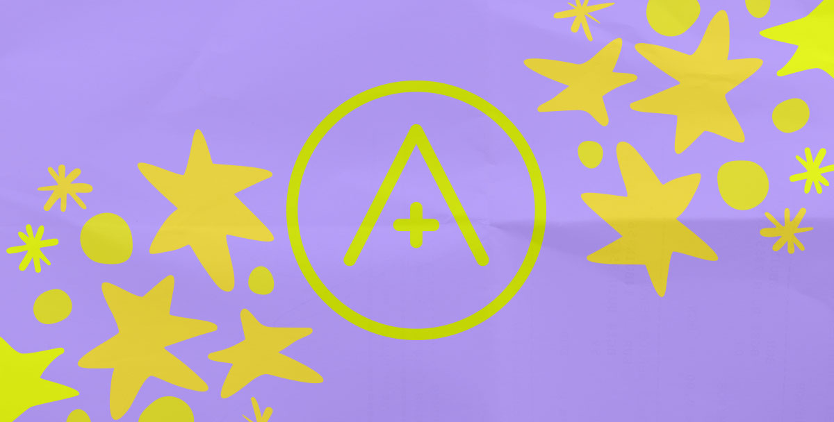 The A+ logo and a field of stars in gold against a lavender background