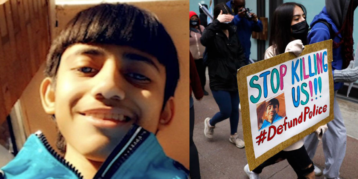A collage of Adam Toledo next to a sign of a protestor who is protesting his death.