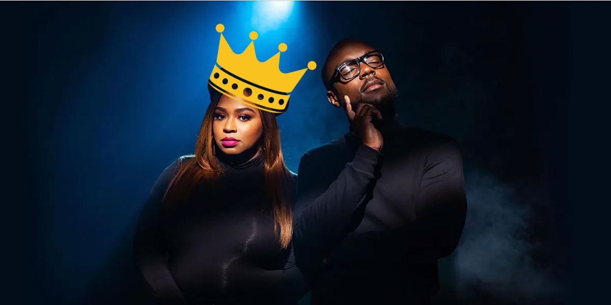 The comedy duo Crissle West and Kid Fury of the podcast "The Read" are against a navy blue and black background, a gold crown has been photoshopped onto Crissle's head.
